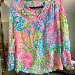 Lilly Pulitzer Pink and Blue Graphic Long Sleeve Blouse